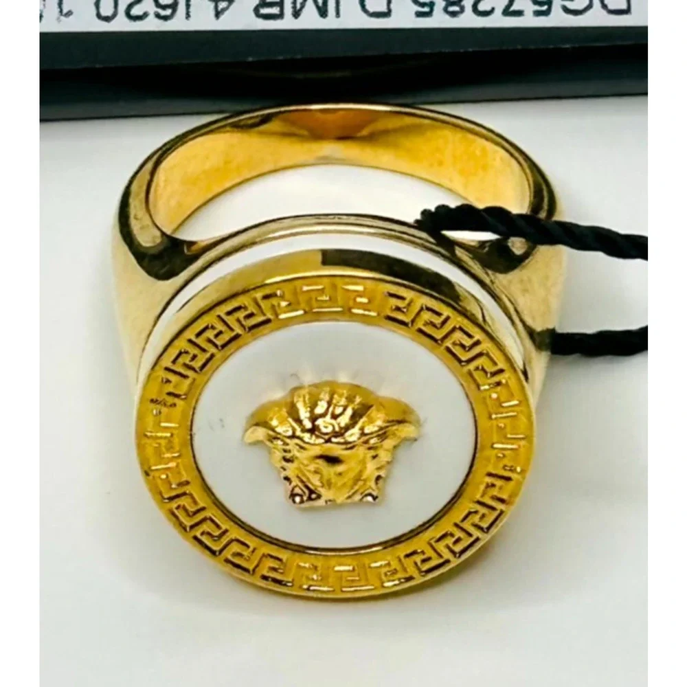 NIB Versace Ring IT 15 US 7 Enamel Icon Medusa Engraved Gold Tone $450